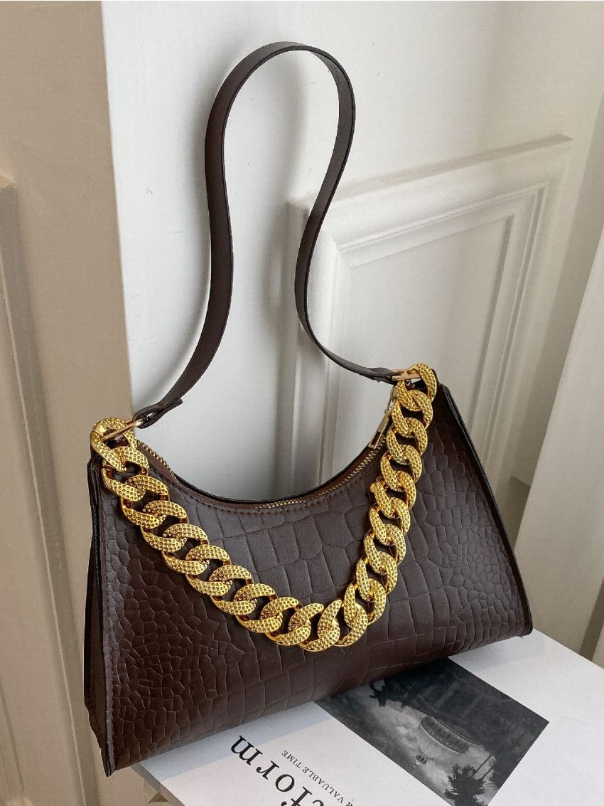 Crocodile Embossed Chain Decor Baguette Bag