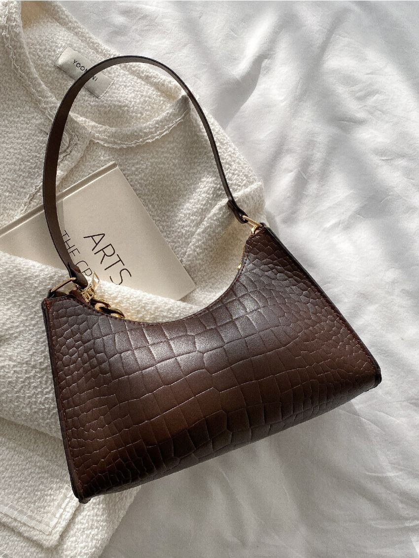 Crocodile Embossed Chain Decor Baguette Bag