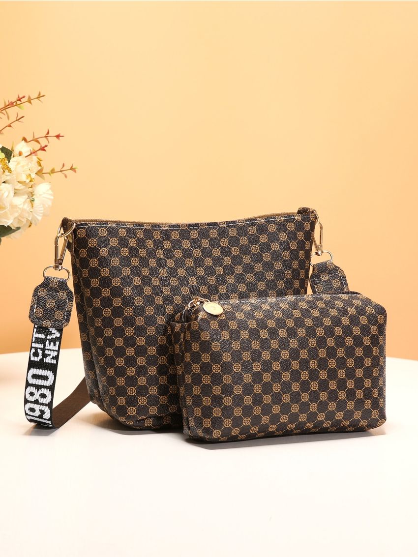 Mini Geometric Graphic Bucket Bag With Clutch Bag