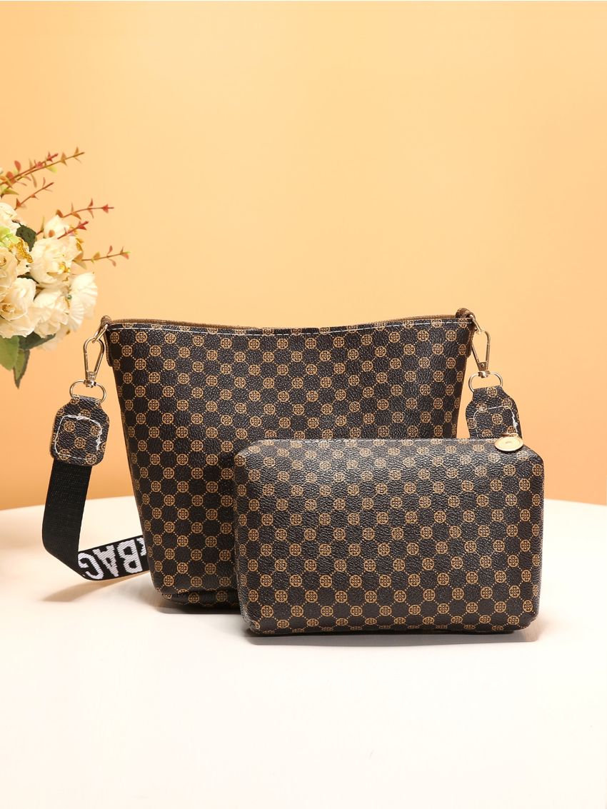 Mini Geometric Graphic Bucket Bag With Clutch Bag