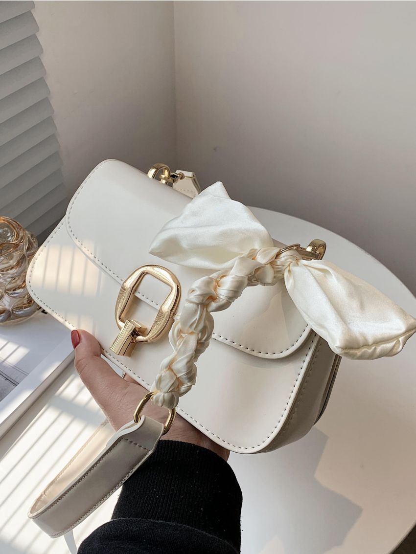 Scarf Decor Metal Lock Flap Square Bag