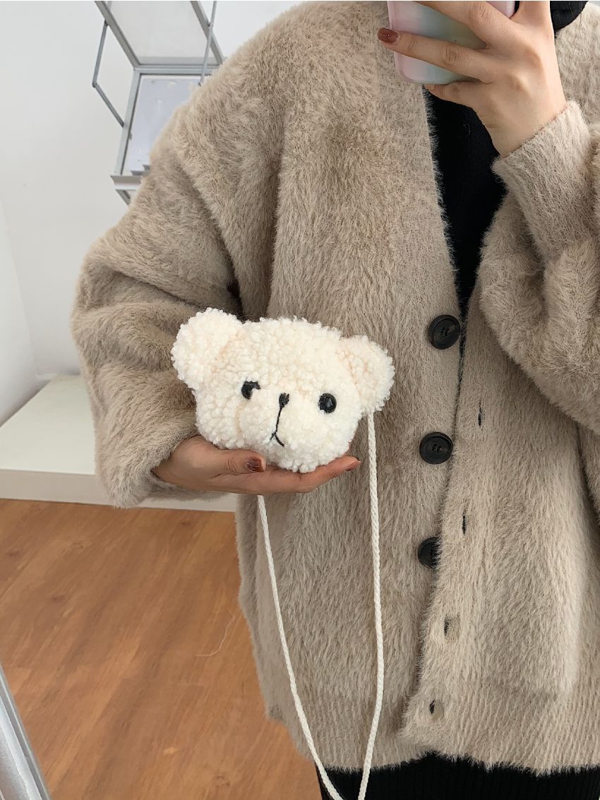 Cartoon Bear Design Fluffy Crossbody Bag