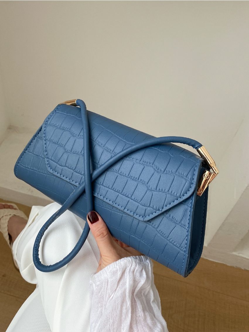 Crocodile Embossed Flap Baguette Bag
