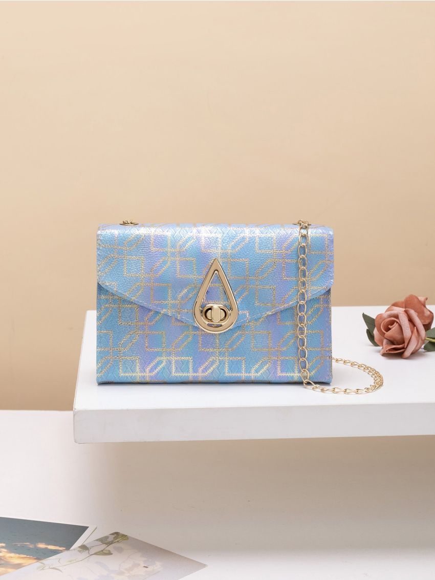 Geo Graphic Turn Lock Flap Chain Square Bag