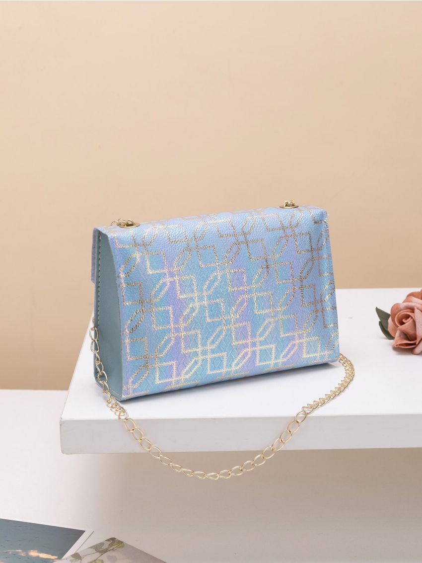 Geo Graphic Turn Lock Flap Chain Square Bag