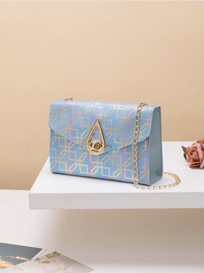 Geo Graphic Turn Lock Flap Chain Square Bag