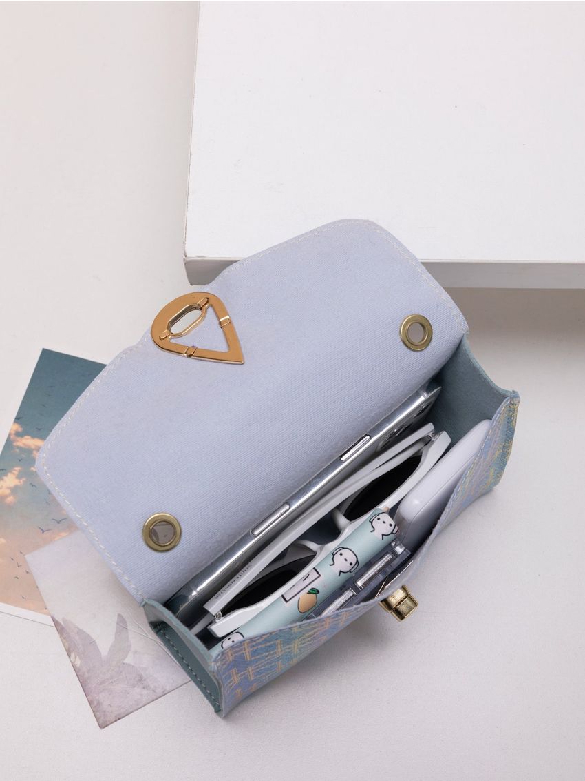 Geo Graphic Turn Lock Flap Chain Square Bag