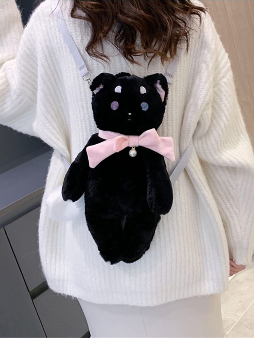 Mini Cartoon Cat Design Bow Decor Fluffy Backpack