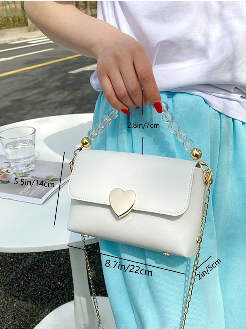 Metal Heart & Bead Decor Flap Chain Square Bag