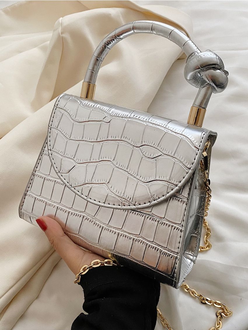 Crocodile Embossed Flap Chain Square Bag