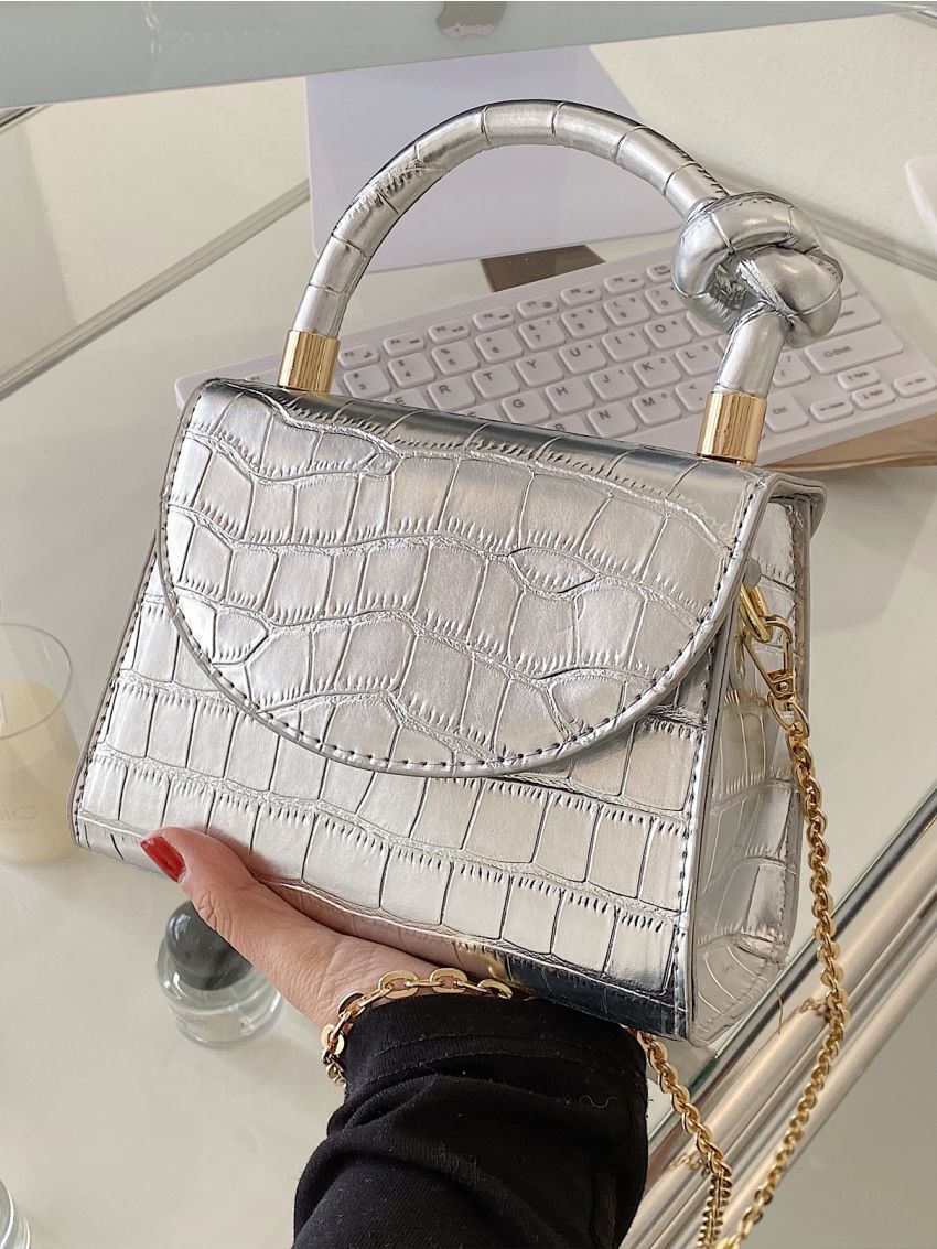 Crocodile Embossed Flap Chain Square Bag