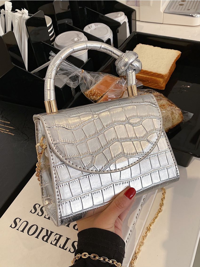 Crocodile Embossed Flap Chain Square Bag