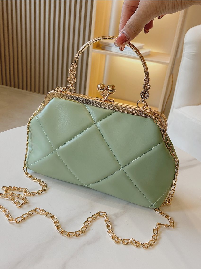 Quilted Pattern Twist Lock Chain Satchel Bag