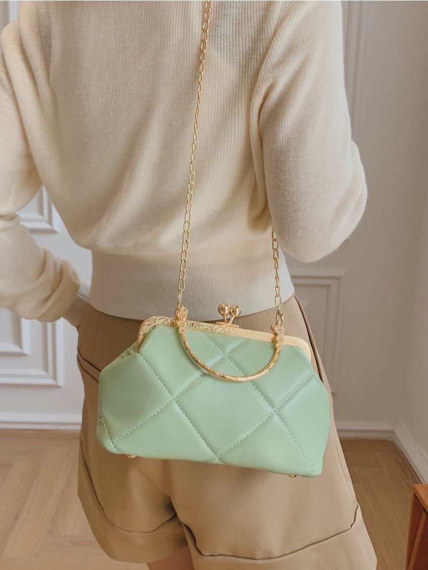 Quilted Pattern Twist Lock Chain Satchel Bag