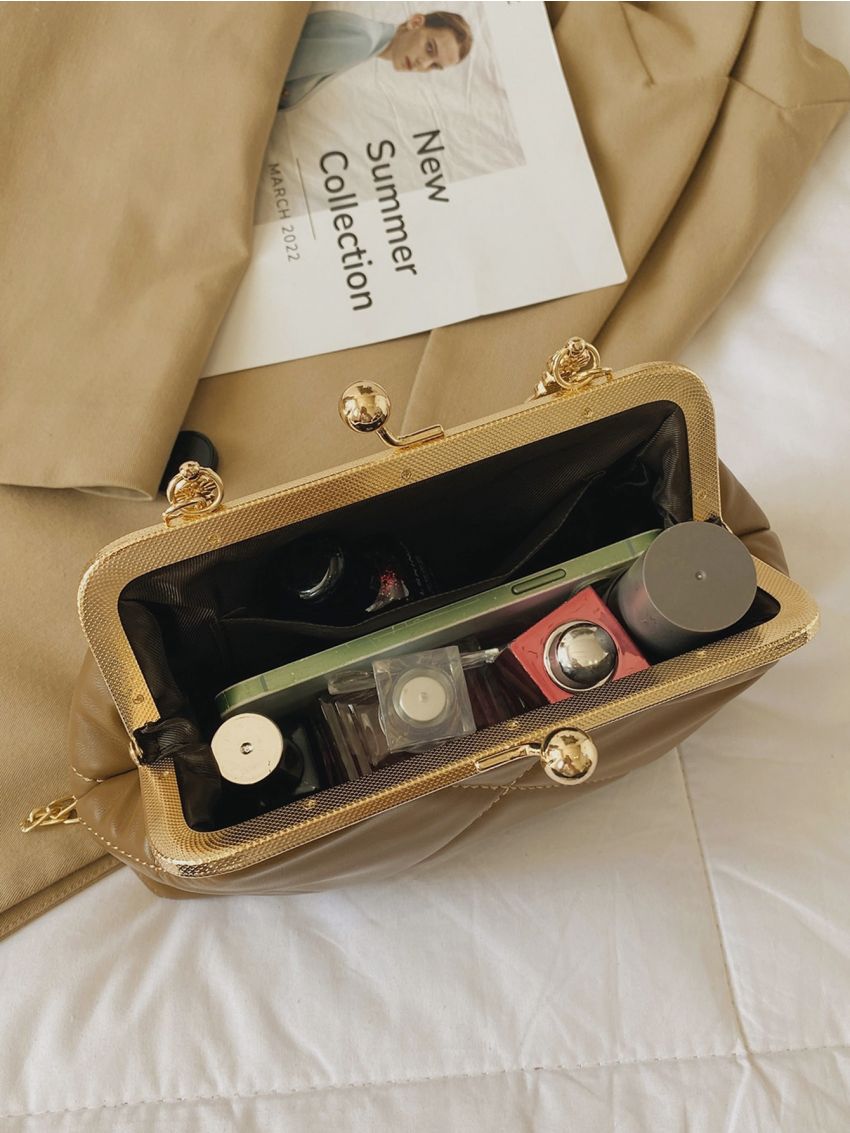 Quilted Pattern Twist Lock Chain Satchel Bag