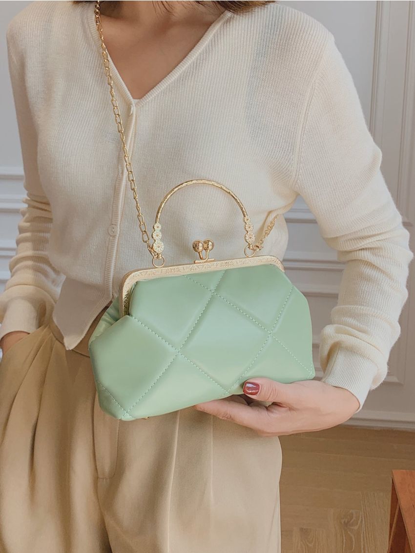 Quilted Pattern Twist Lock Chain Satchel Bag