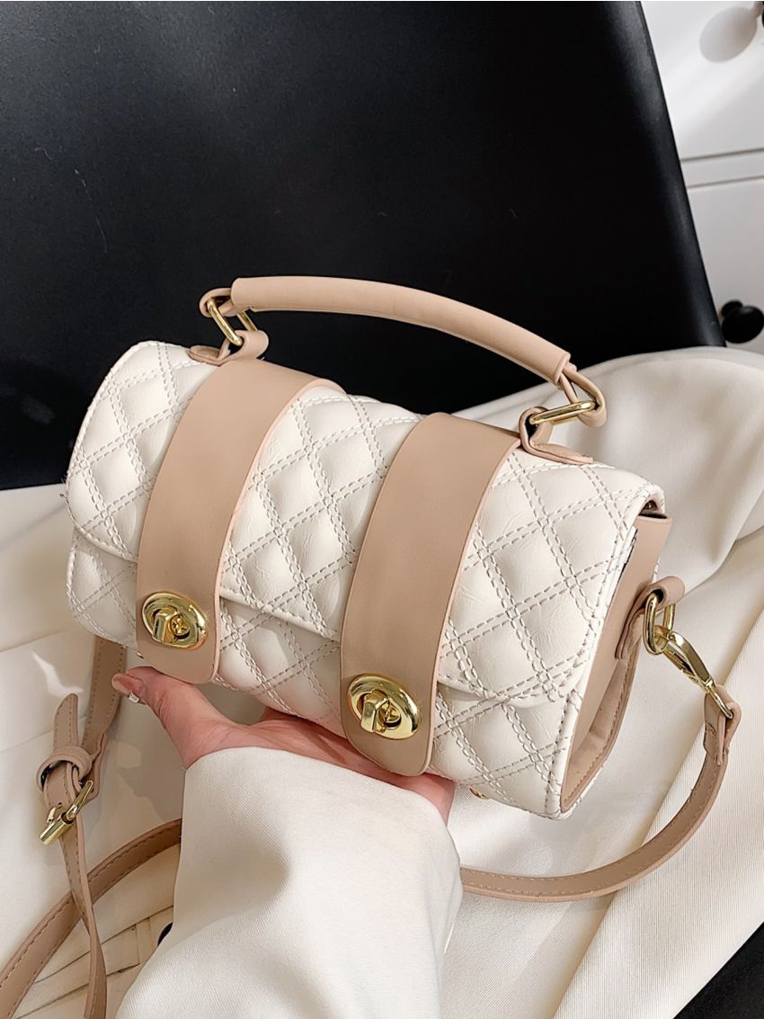 Argyle Quilted Twist Lock Flap Boston Bag