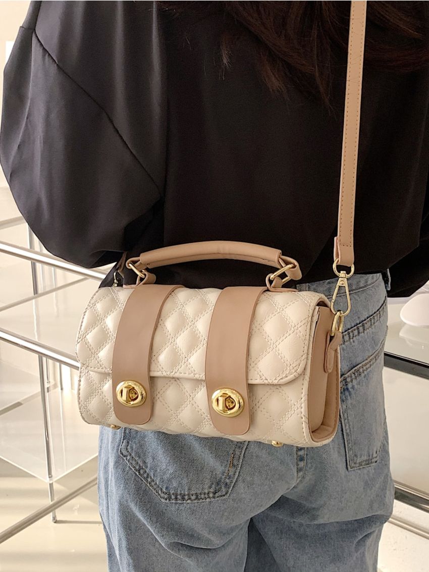 Argyle Quilted Twist Lock Flap Boston Bag