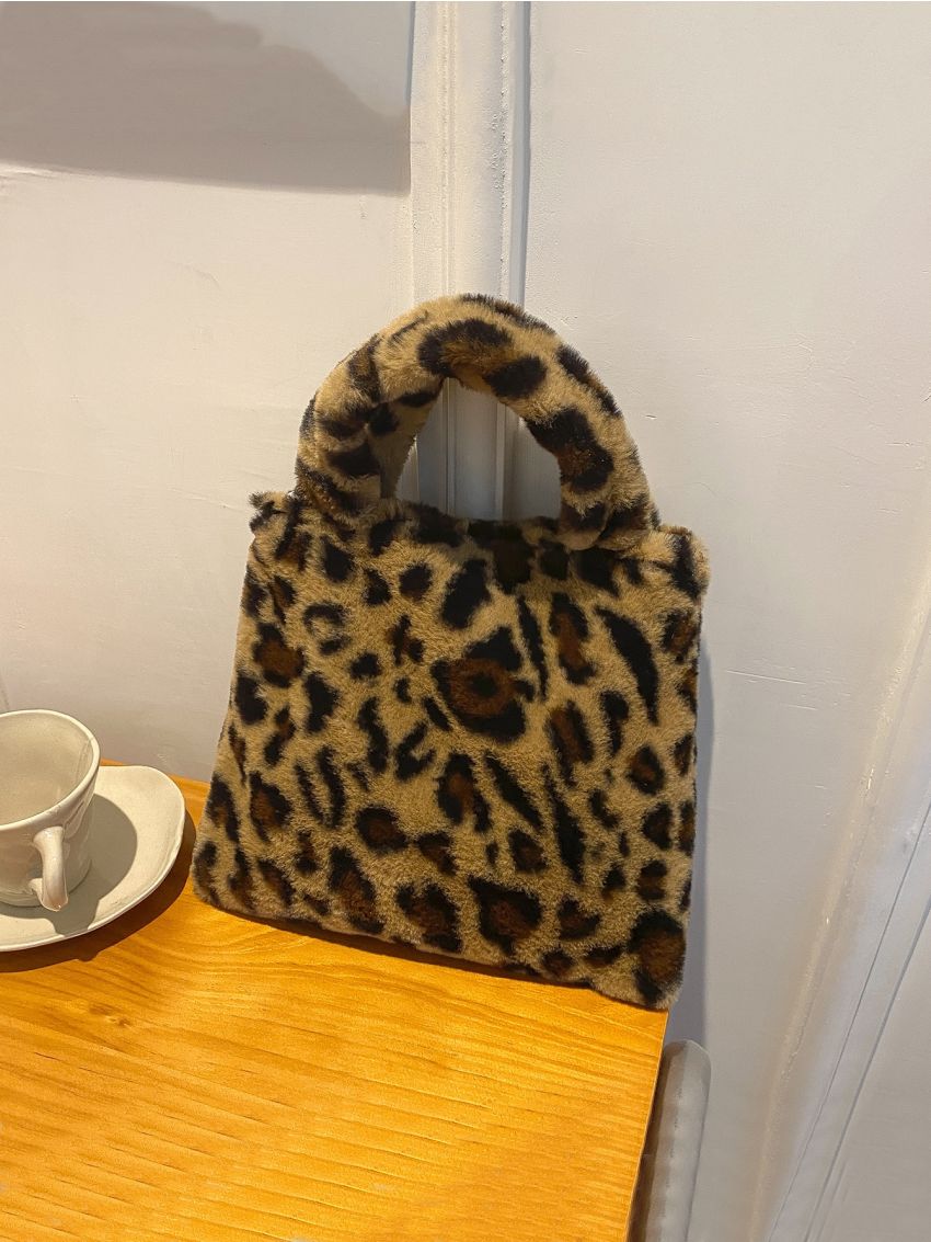 Leopard Print Fluffy Satchel Bag