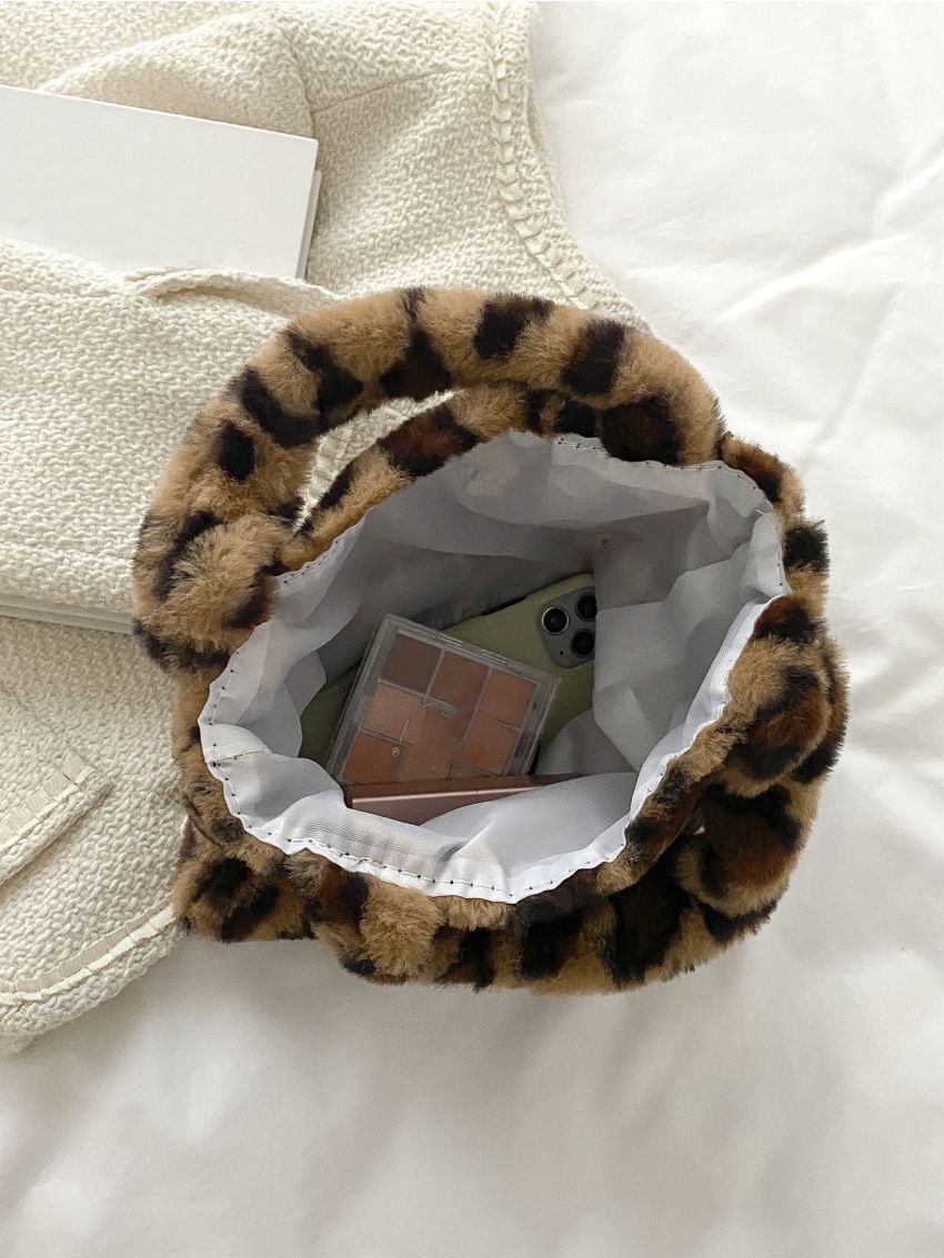 Leopard Print Fluffy Satchel Bag