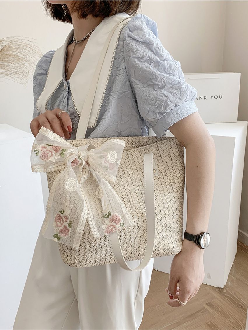 Floral Embroidery Bow Decor Straw Bag