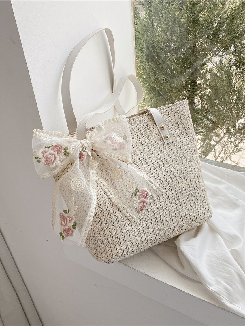 Floral Embroidery Bow Decor Straw Bag