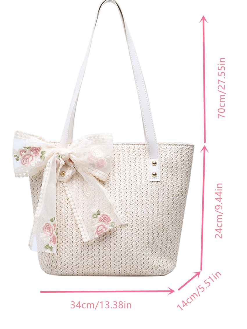 Floral Embroidery Bow Decor Straw Bag