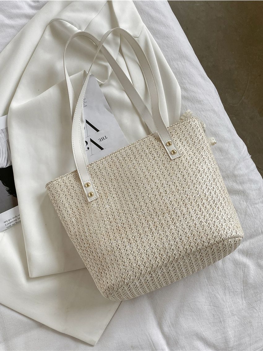 Floral Embroidery Bow Decor Straw Bag