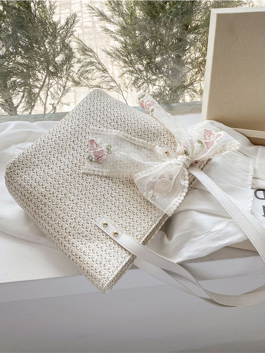 Floral Embroidery Bow Decor Straw Bag