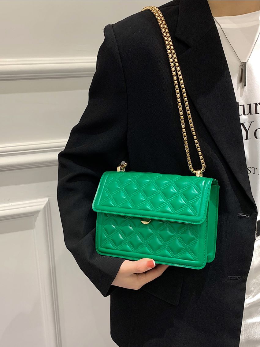 Quilted Detail Flap Chain Square Bag
