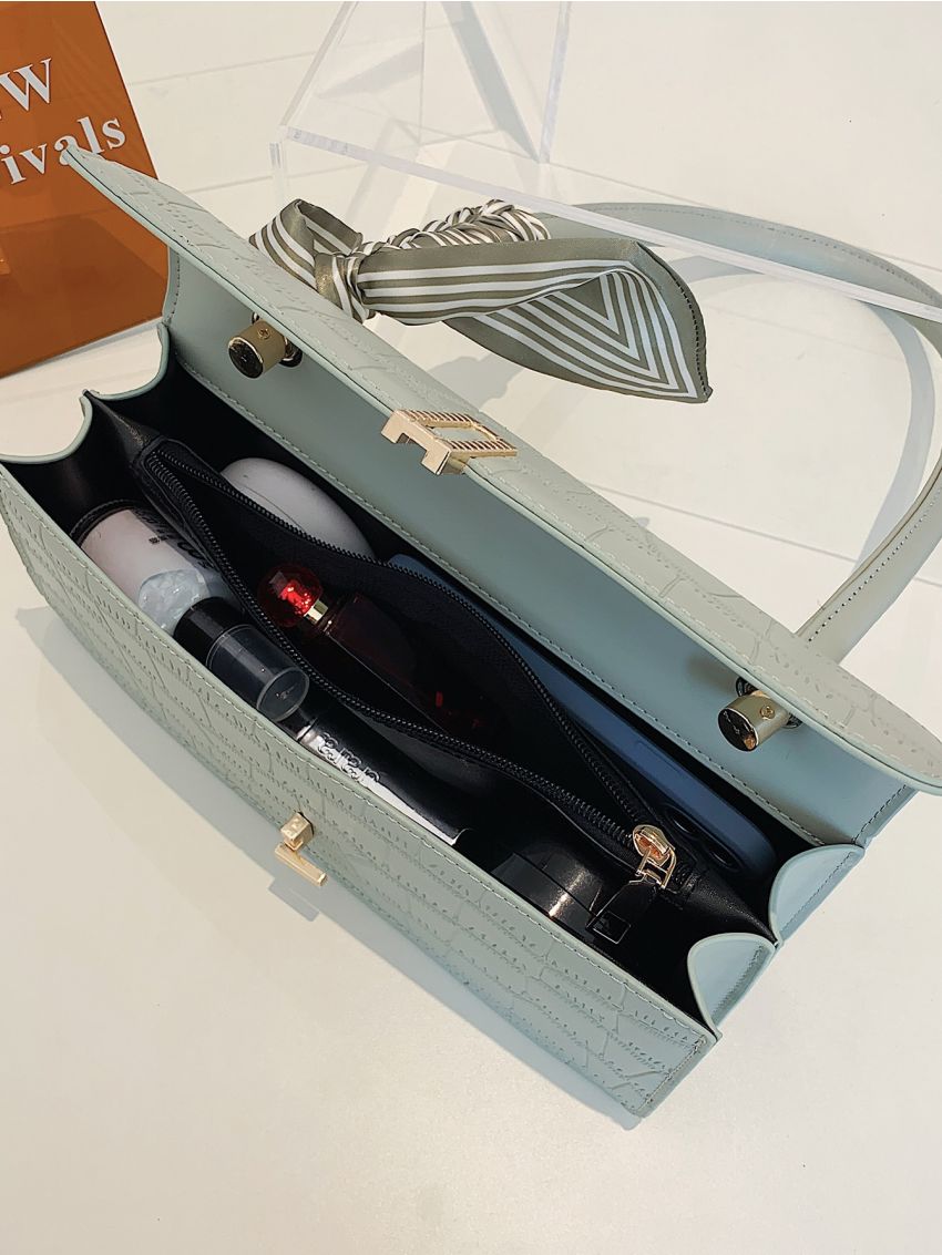 Crocodile Embossed Twilly Scarf Decor Baguette Bag