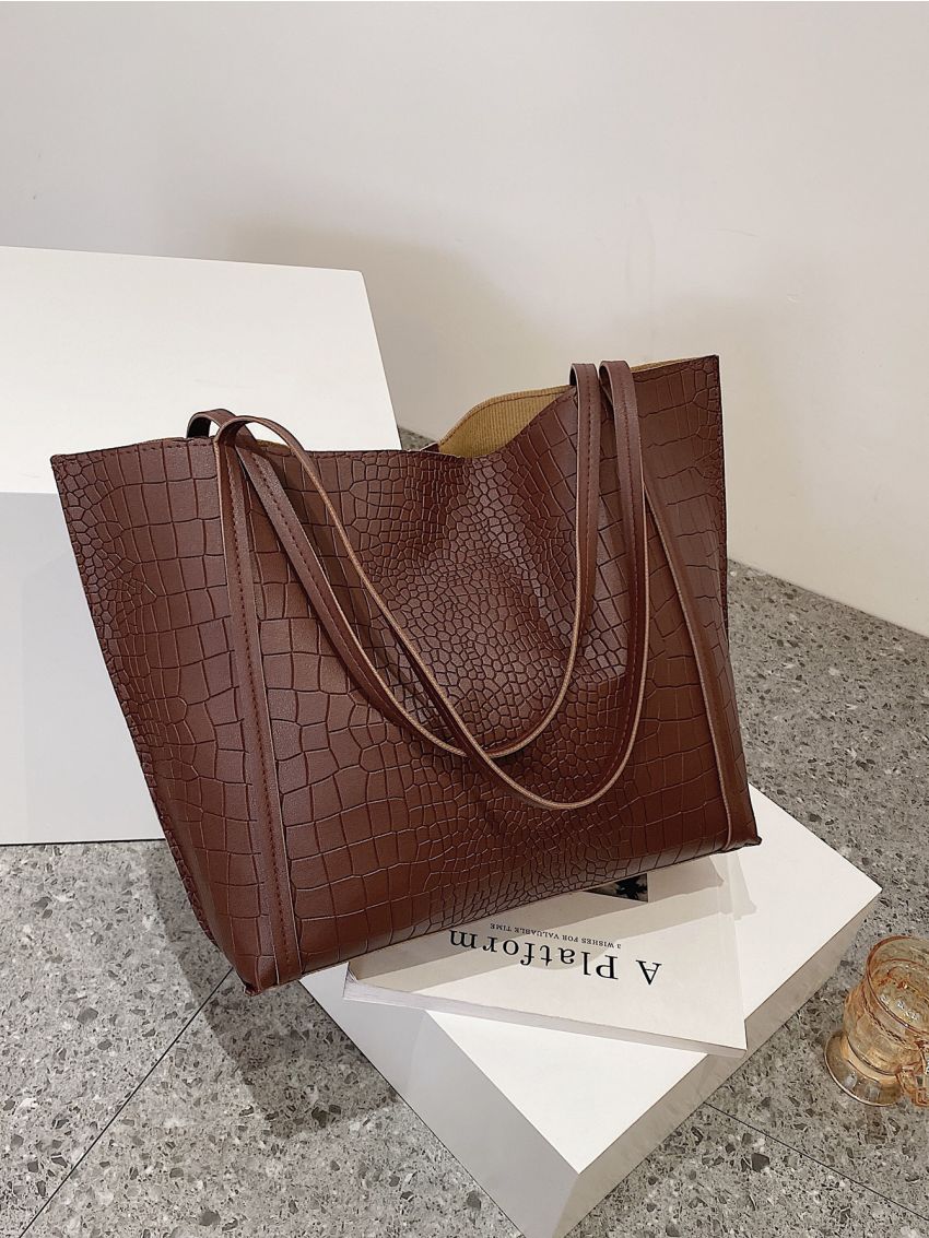 Crocodile Embossed Large Capacity Shoulder Tote Bag