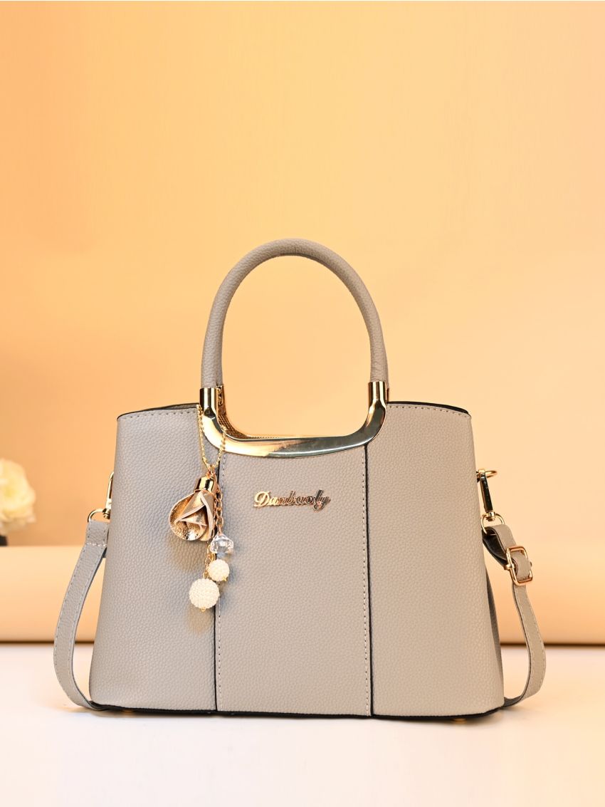 Litchi Embossed Top Handle Bag With Bag Charm