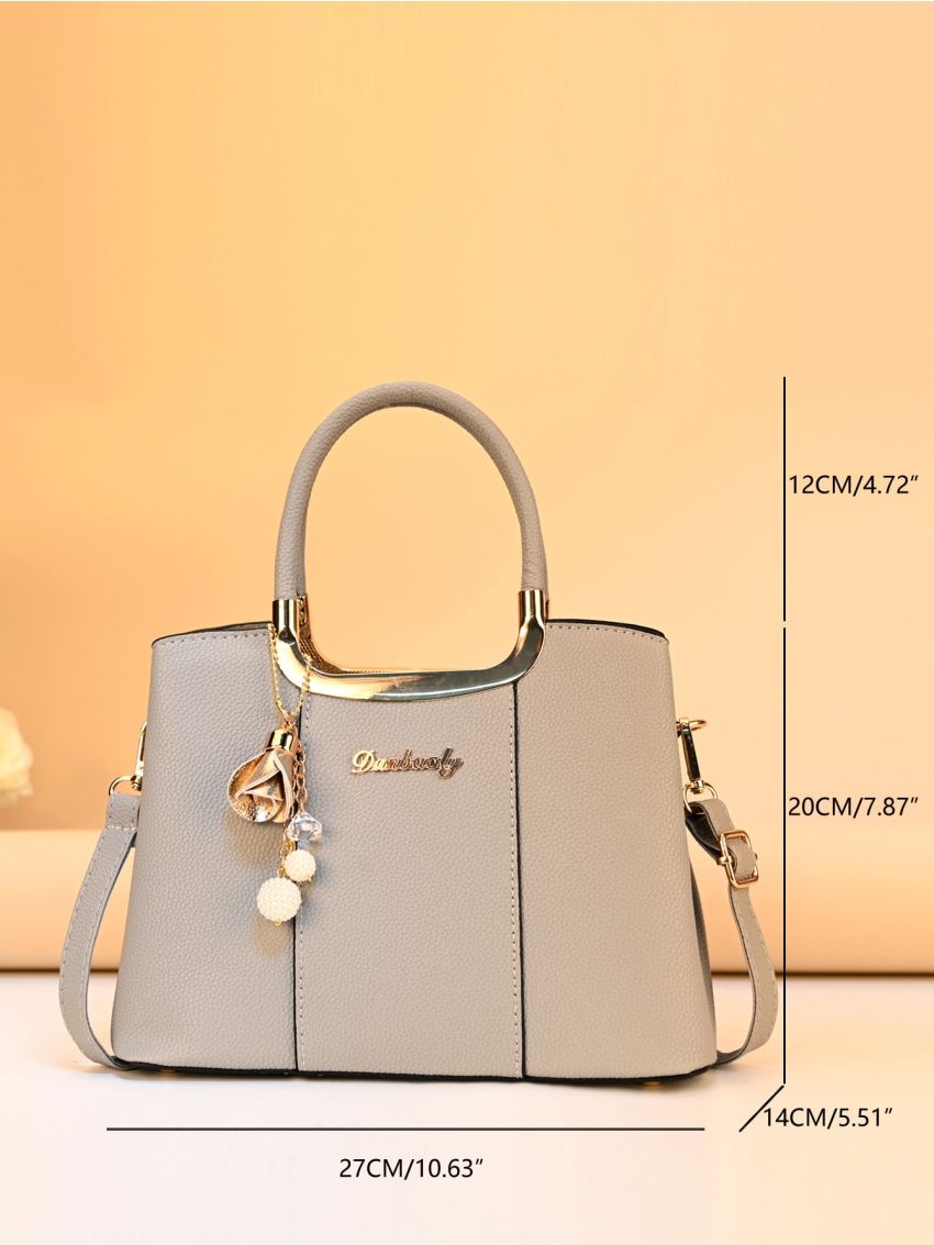 Litchi Embossed Top Handle Bag With Bag Charm