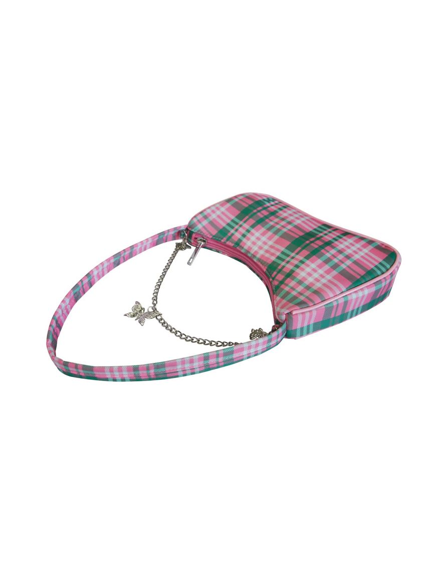 Plaid Print Butterfly Decor Chain Baguette Bag