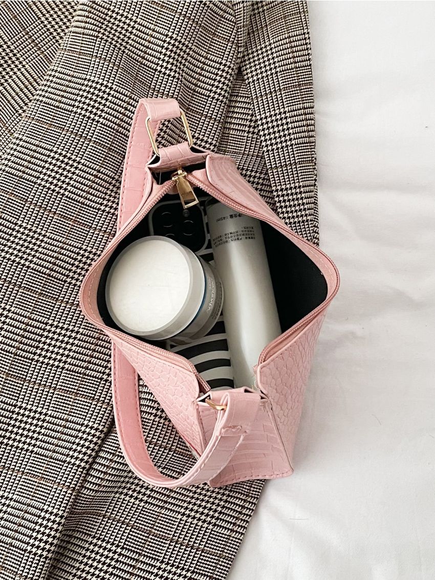 Crocodile Embossed Single Zip Baguette Bag