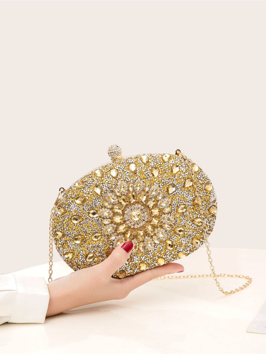 Mini Rhinestone & Gemstone Decor Chain Clip Top Box Bag