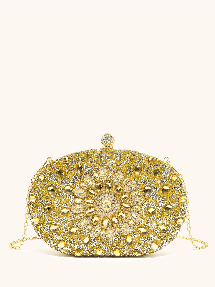 Mini Rhinestone & Gemstone Decor Chain Clip Top Box Bag