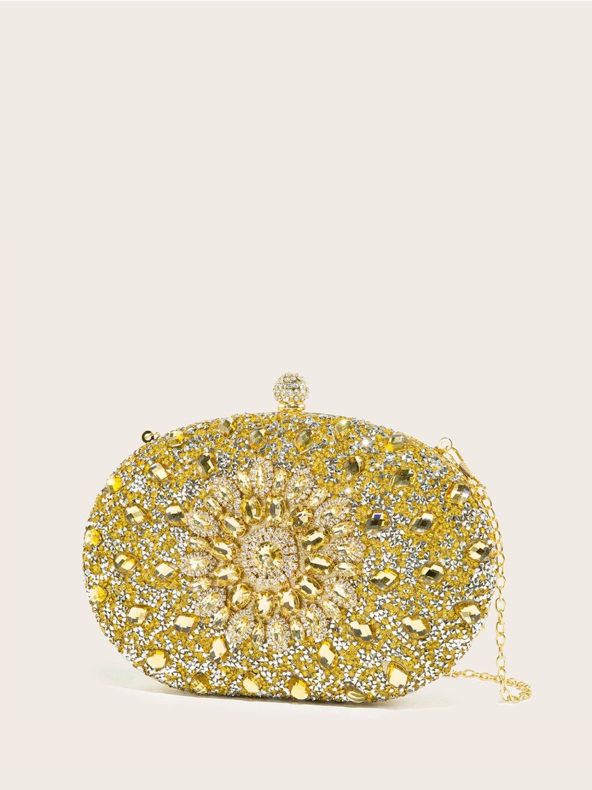 Mini Rhinestone & Gemstone Decor Chain Clip Top Box Bag