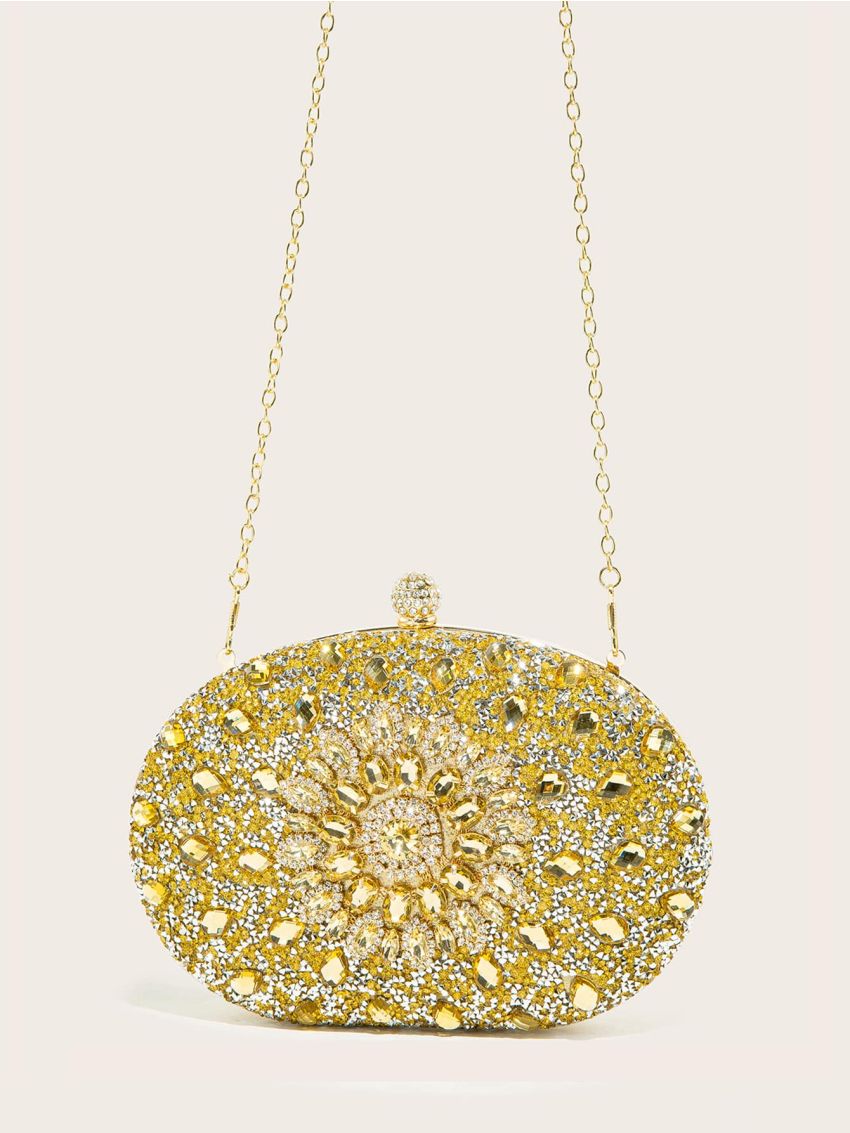 Mini Rhinestone & Gemstone Decor Chain Clip Top Box Bag