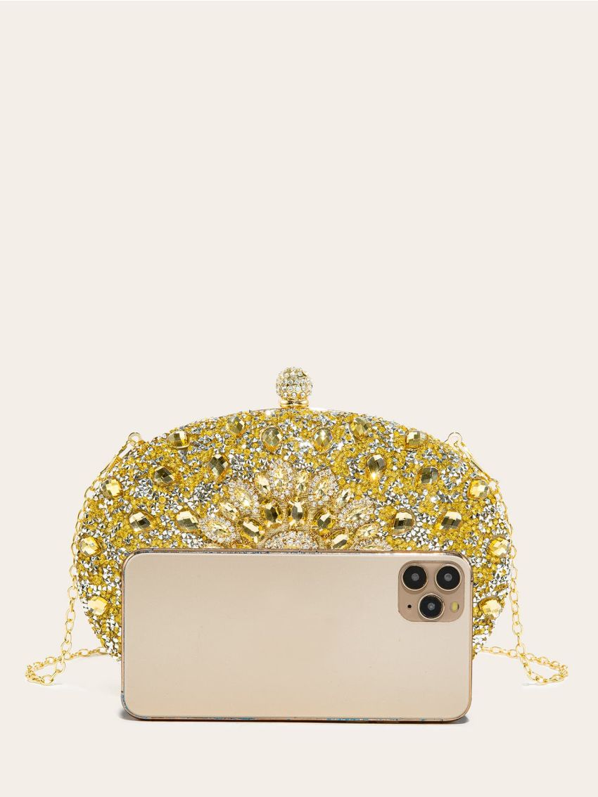 Mini Rhinestone & Gemstone Decor Chain Clip Top Box Bag