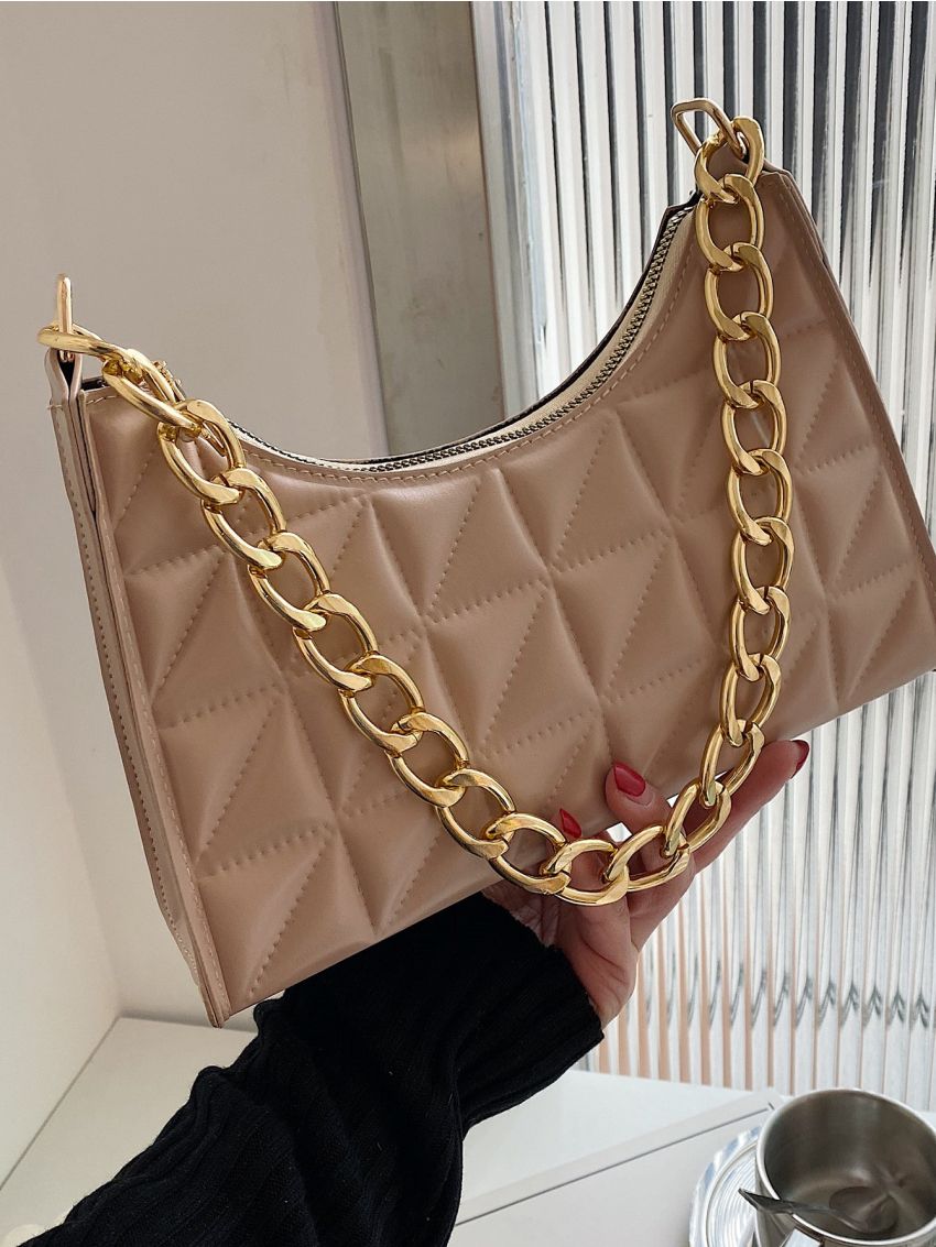 Geometric Quilted Chain Baguette Bag