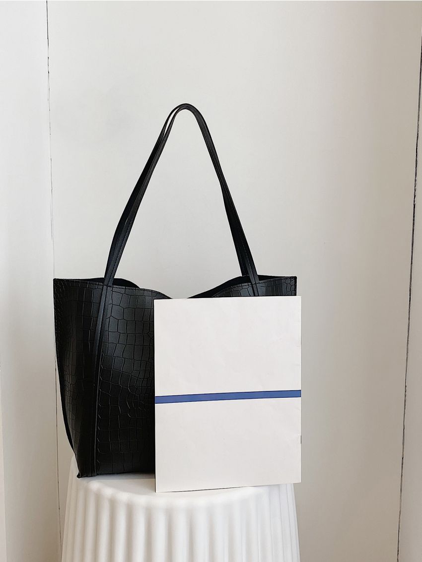 Crocodile Embossed Shoulder Tote Bag With Inner Pouch