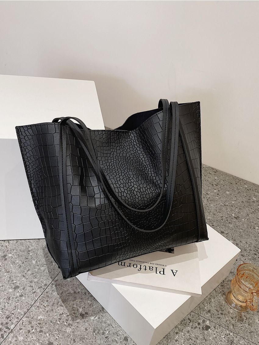 Crocodile Embossed Shoulder Tote Bag With Inner Pouch