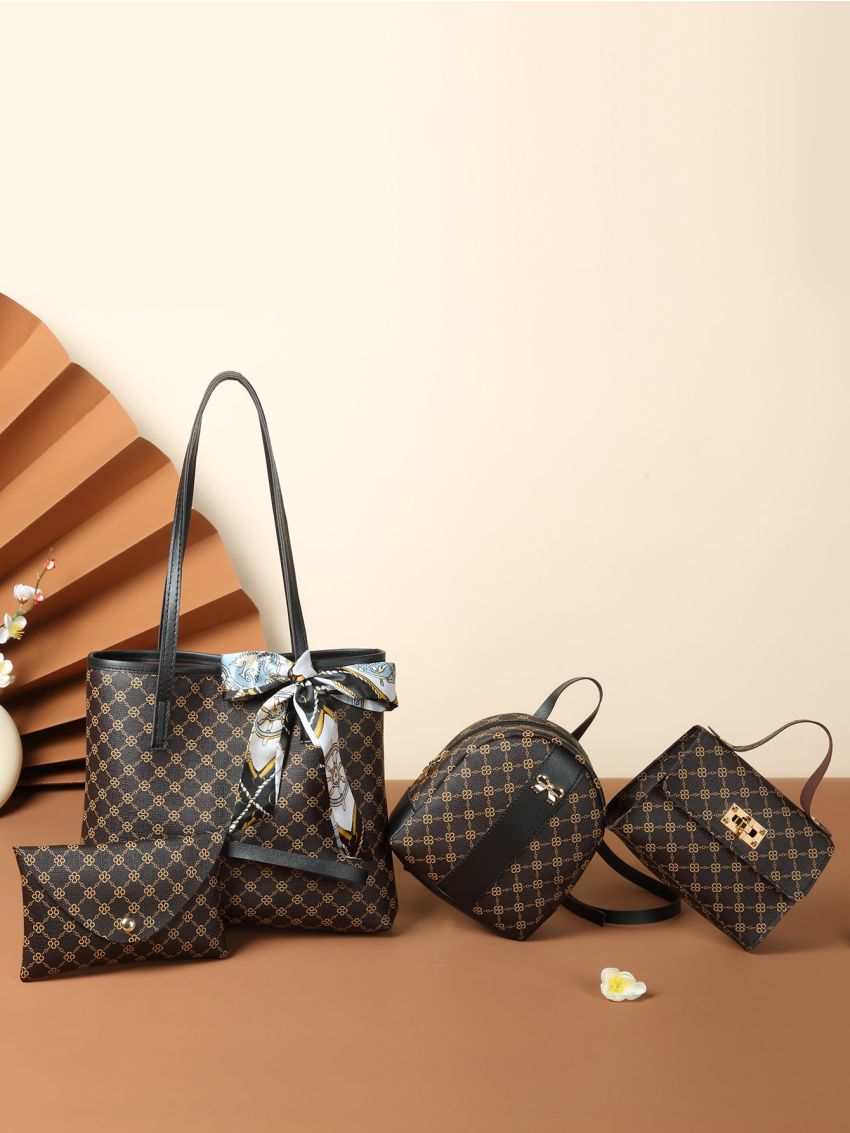 4pcs Twilly Scarf Decor Geo Graphic Tote Bag Set