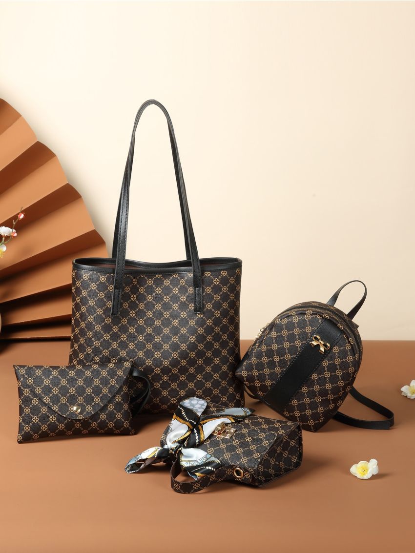 4pcs Twilly Scarf Decor Geo Graphic Tote Bag Set