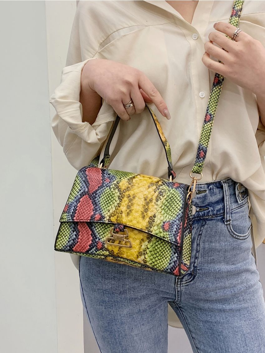 Snakeskin Metal Decor Flap Square Bag