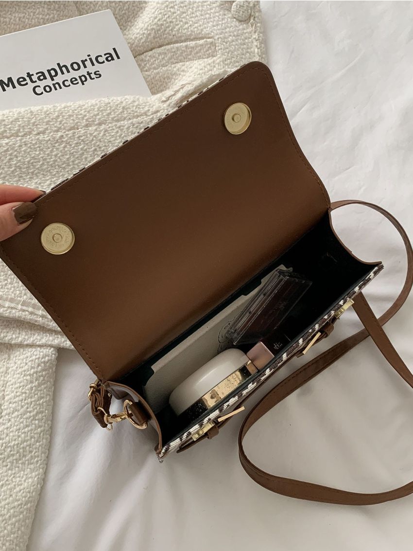 Houndstooth Graphic Buckle Decor Square Bag