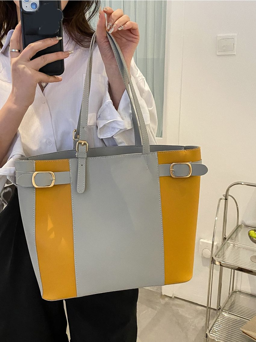 Colorblock Buckle Decor Tote Bag