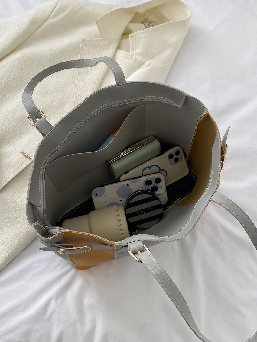 Colorblock Buckle Decor Tote Bag